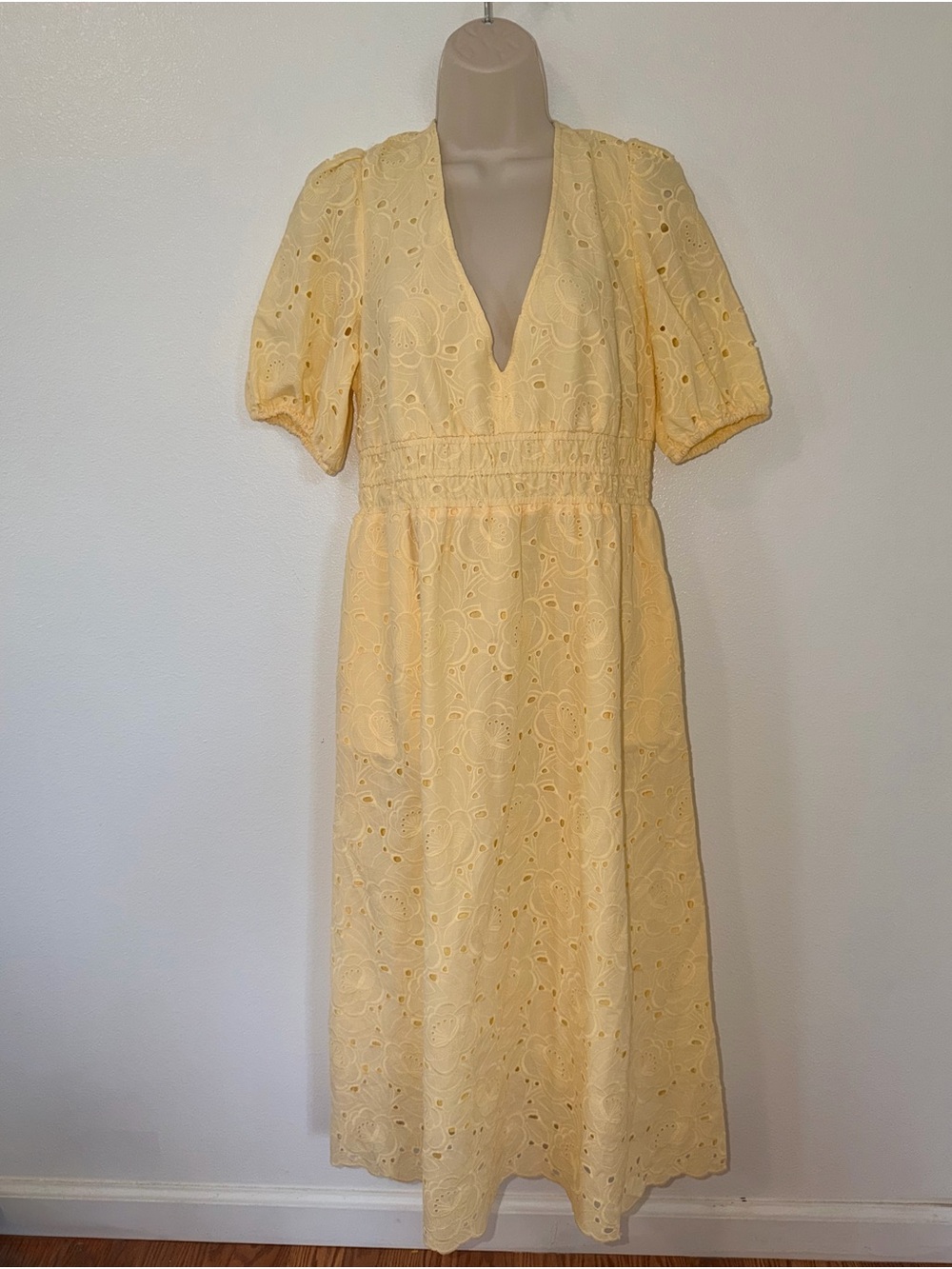 a new day Pale Yellow Eyelet V-Neck Midi Dress